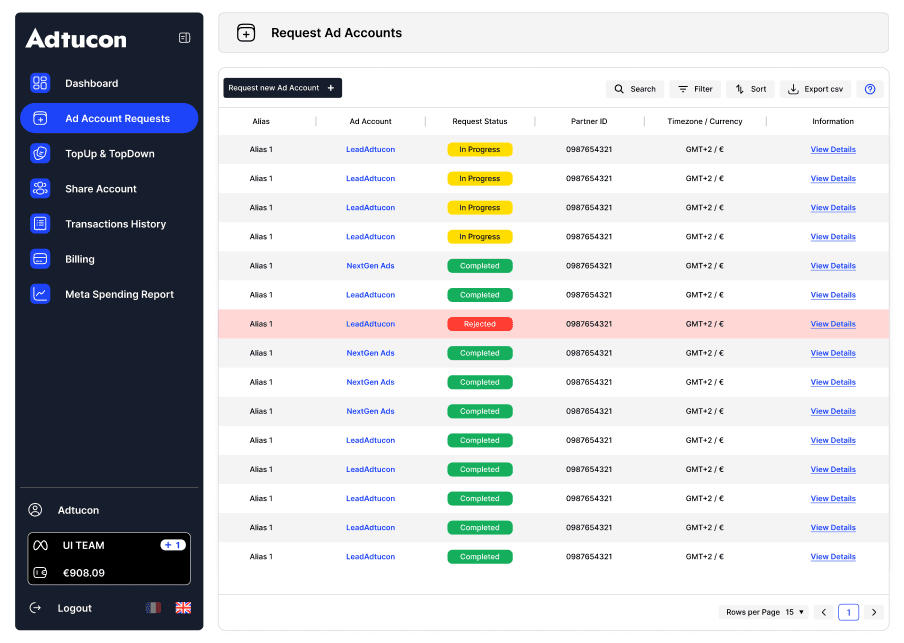 Account requests dashboard